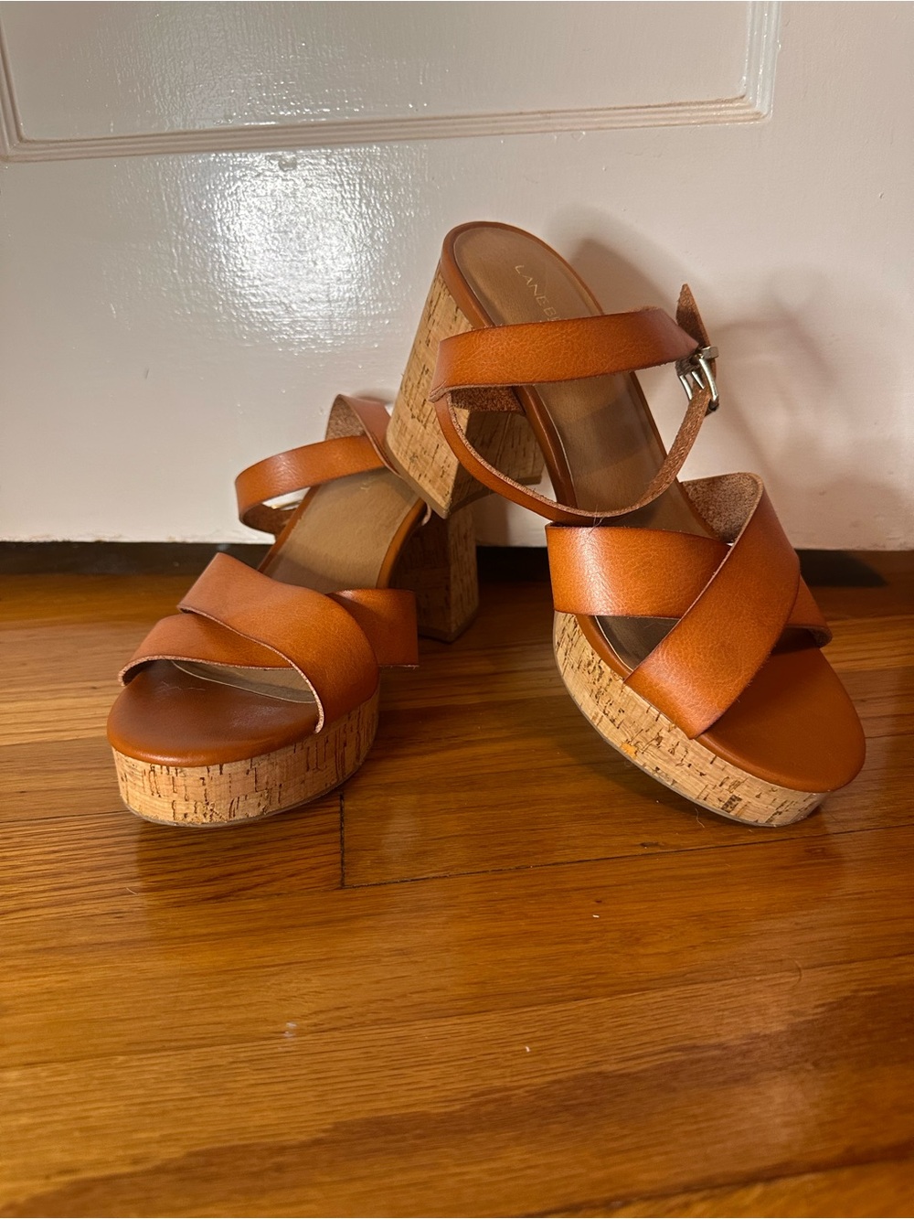 Lane Bryant Cognac Leather Cork Platform Sandals